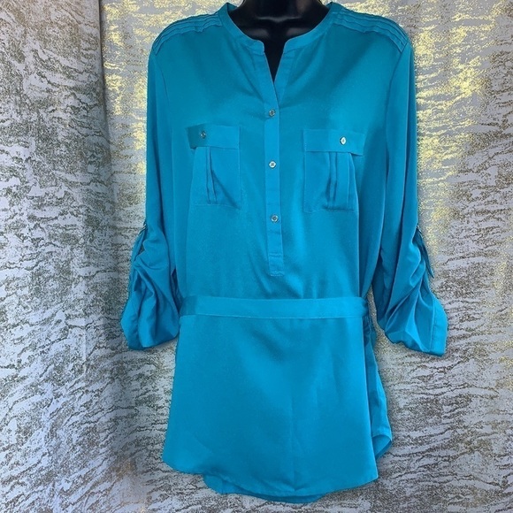 Calvin Klein Light Blue Button Up 3/4 Sleeve Shirt Blouse Size L - Picture 2 of 13